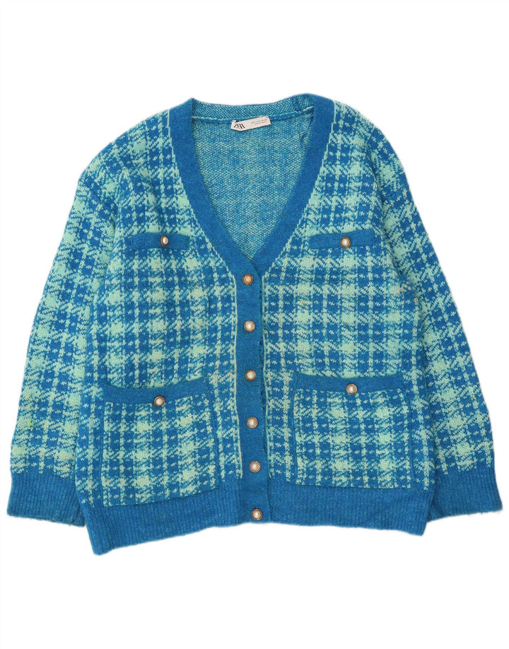 Maglione cardigan oversize da donna Zara UK 10 piccolo cotone pied de poule blu