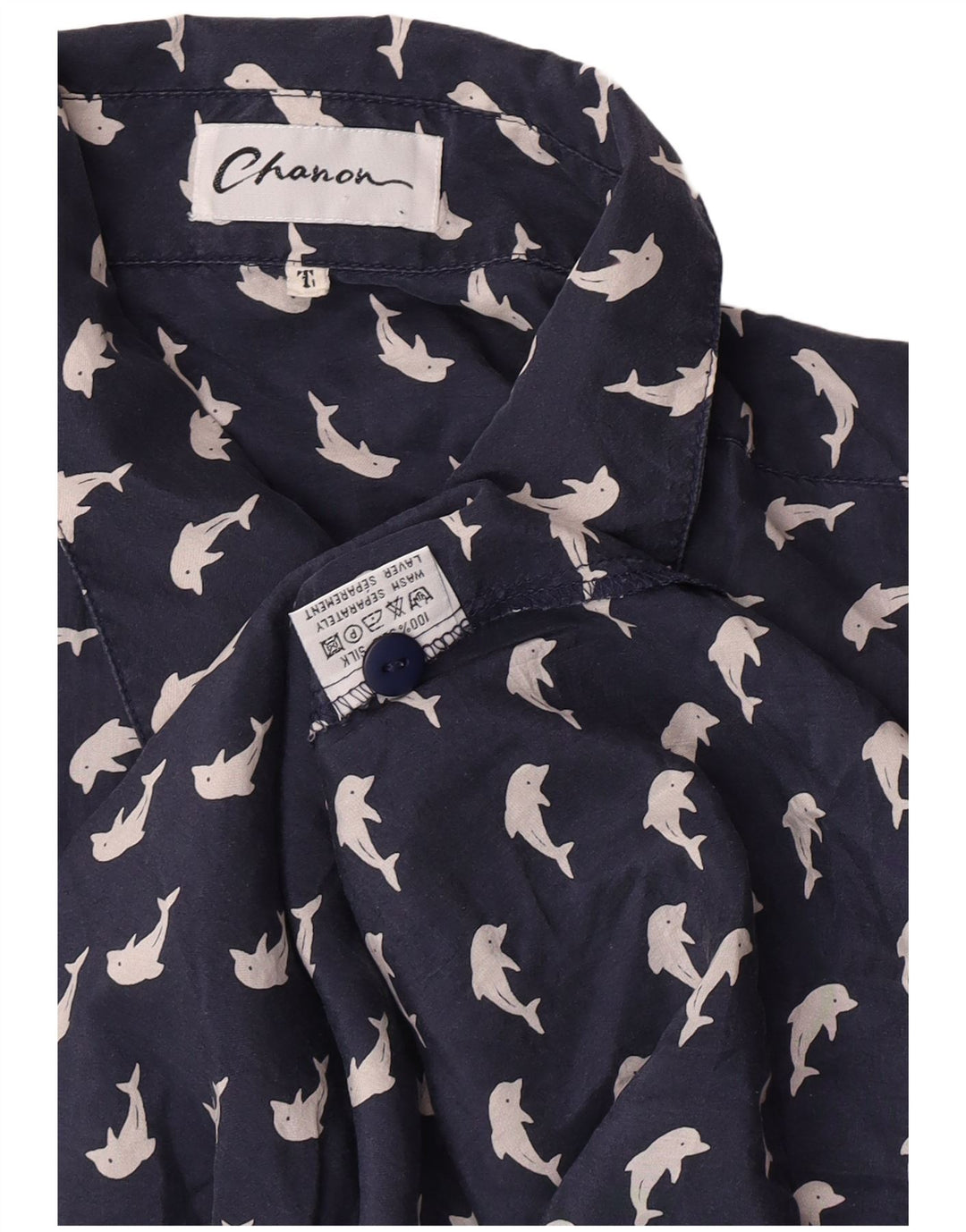 Camicia a maniche corte grafica da donna Chanon grande in seta blu navy