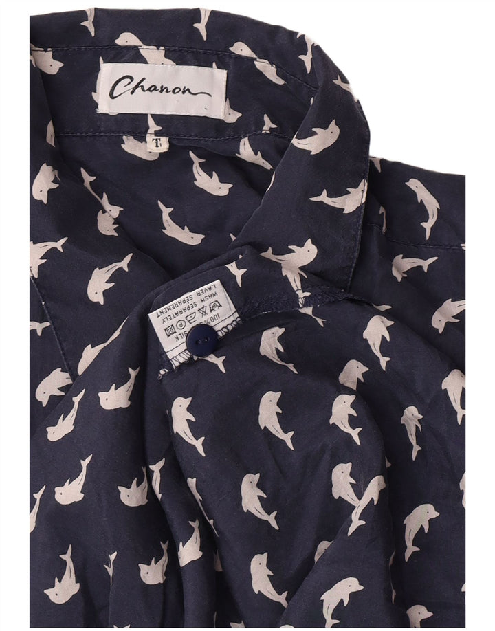 Camicia a maniche corte grafica da donna Chanon grande in seta blu navy