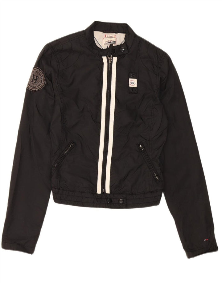 TOMMY HILFIGER Womens Graphic Bomber Jacket UK 6 XS Black Nylon Vintage Tommy Hilfiger and Second-Hand Tommy Hilfiger from Messina Hembry 