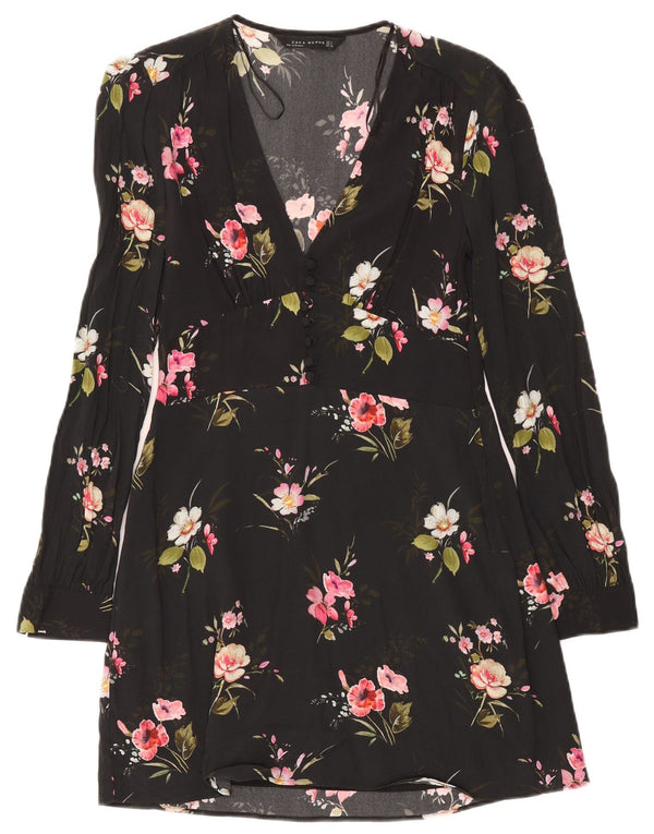 Abito a trapezio a maniche lunghe da donna Zara UK 10 piccolo floreale nero