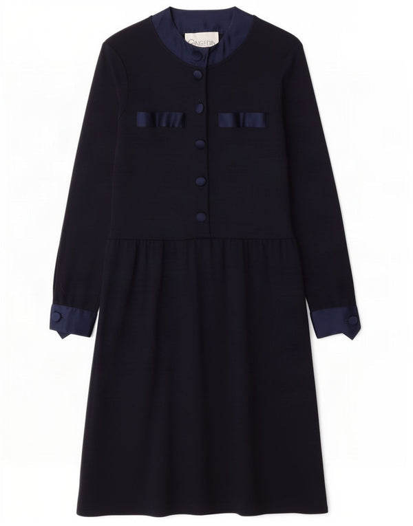 Abito lungo da donna vintage a maniche lunghe IT 40 piccolo in lana blu navy