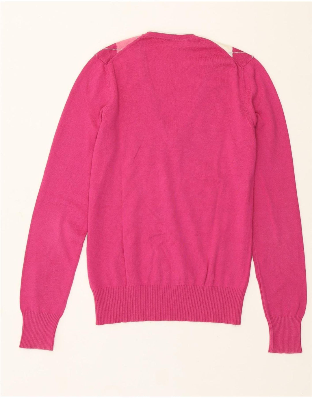 Maglione da donna con scollo a V Benetton UK 12 Argyle rosa medio/diamante