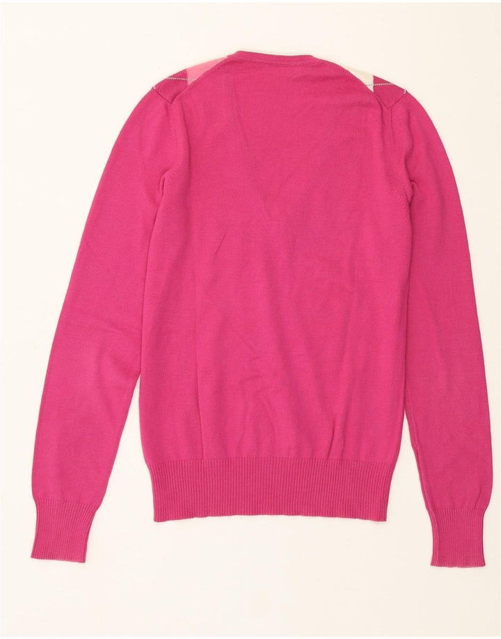 Maglione da donna con scollo a V Benetton UK 12 Argyle rosa medio/diamante