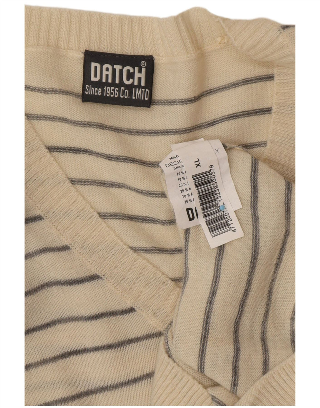 DATCH Maglione da uomo con scollo a V XL in acrilico a righe bianco sporco