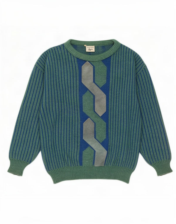 Maglificio Mens Boat Neck Jumper Sweater IT 52 Large Blue Geometric Wool