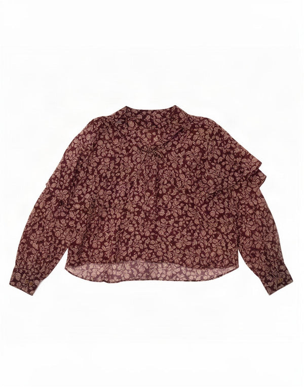 Zara Donna, Camicetta Corta Oversize a Maniche Lunghe Top UK 6 XS Bordeaux Floreale