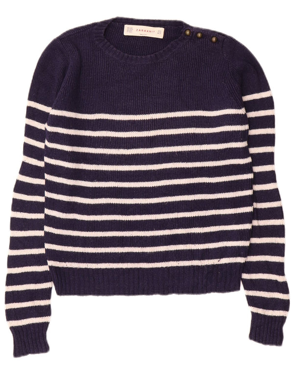 Maglione maglione con scollo a barca da donna Zara UK 12 cotone a righe blu navy medio
