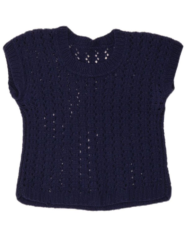 Maglione maglione con scollo a barca corto da donna VINTAGE UK 12 medio blu navy