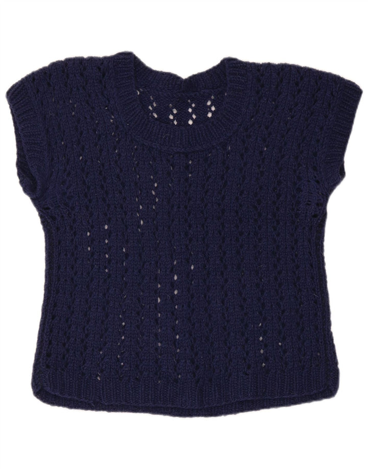 Maglione maglione con scollo a barca corto da donna VINTAGE UK 12 medio blu navy