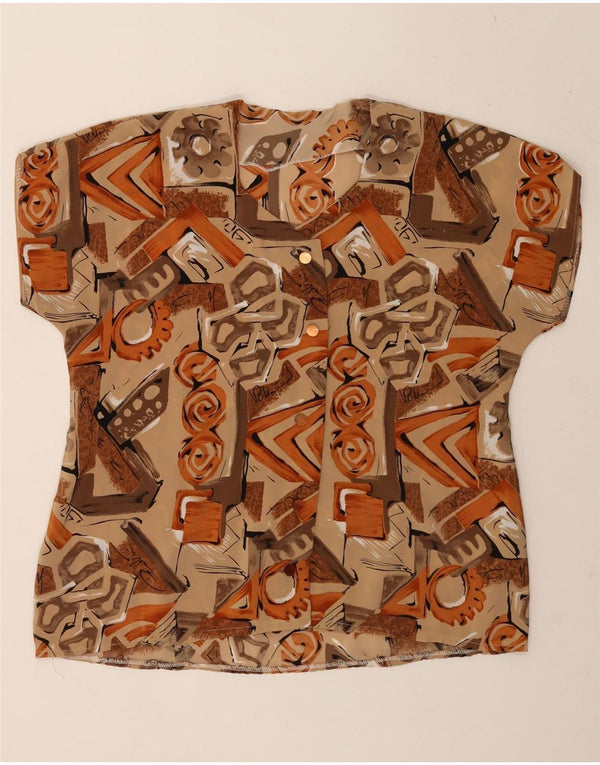 Top camicetta a maniche corte da donna vintage UK 14 grande beige geometrico
