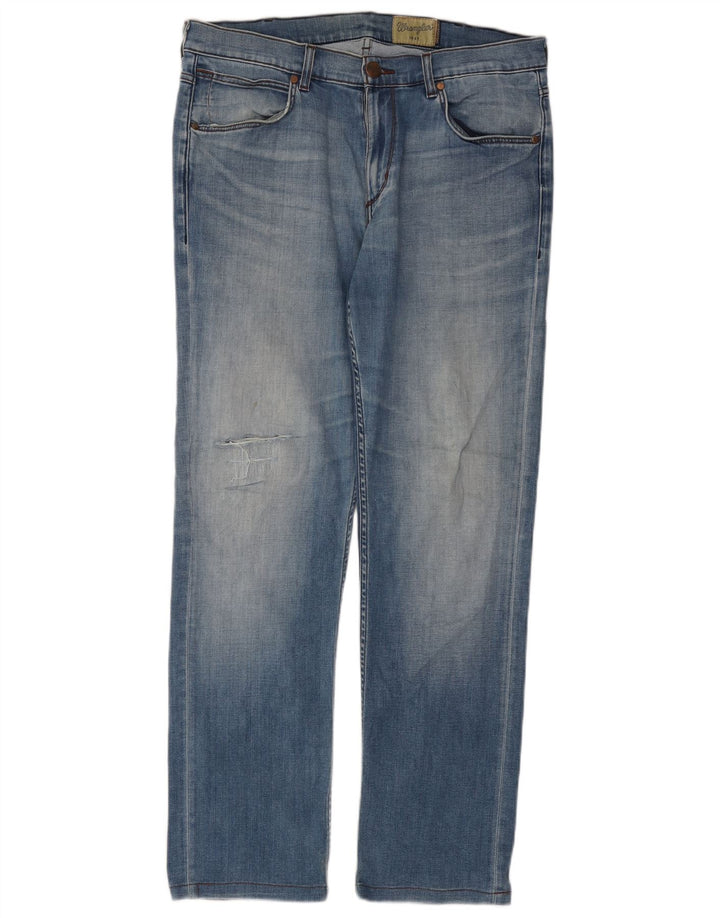 Jeans dritti effetto consumato Wrangler da uomo Greensboro W33 L31 cotone blu