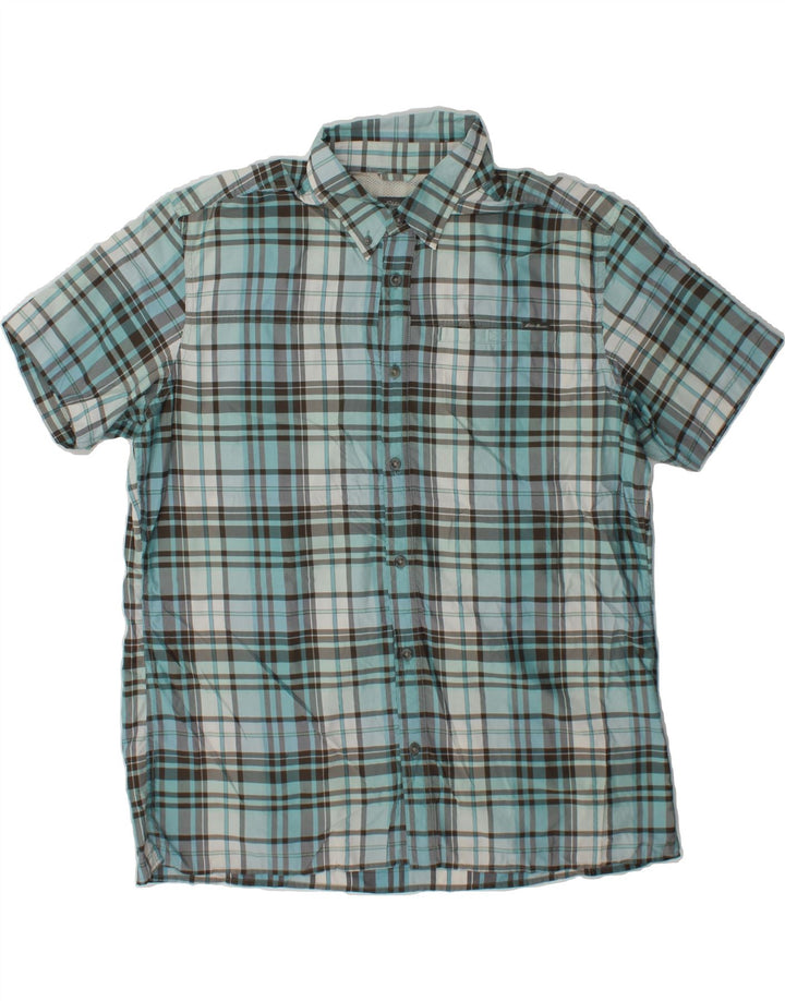 EDDIE BAUER Mens Short Sleeve Shirt Large Blue Check Polyester Vintage Eddie Bauer and Second-Hand Eddie Bauer from Messina Hembry 