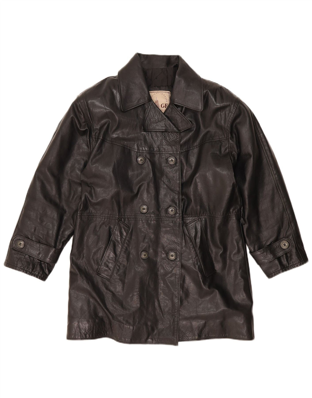 Cappotto oversize in pelle doppio petto da donna GF UK 10 Piccolo in pelle nera