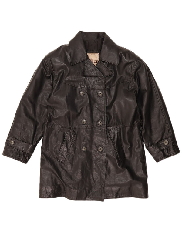 Cappotto oversize in pelle doppio petto da donna GF UK 10 Piccolo in pelle nera