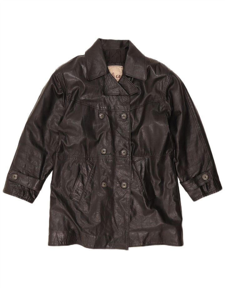 Cappotto oversize in pelle doppio petto da donna GF UK 10 Piccolo in pelle nera