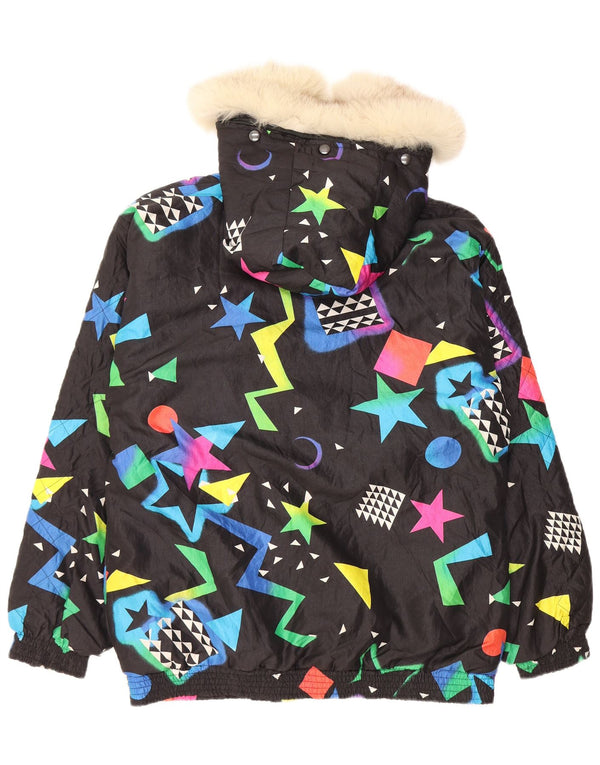 Giacca a vento con cappuccio da donna vintage UK 16 grande nera geometrica