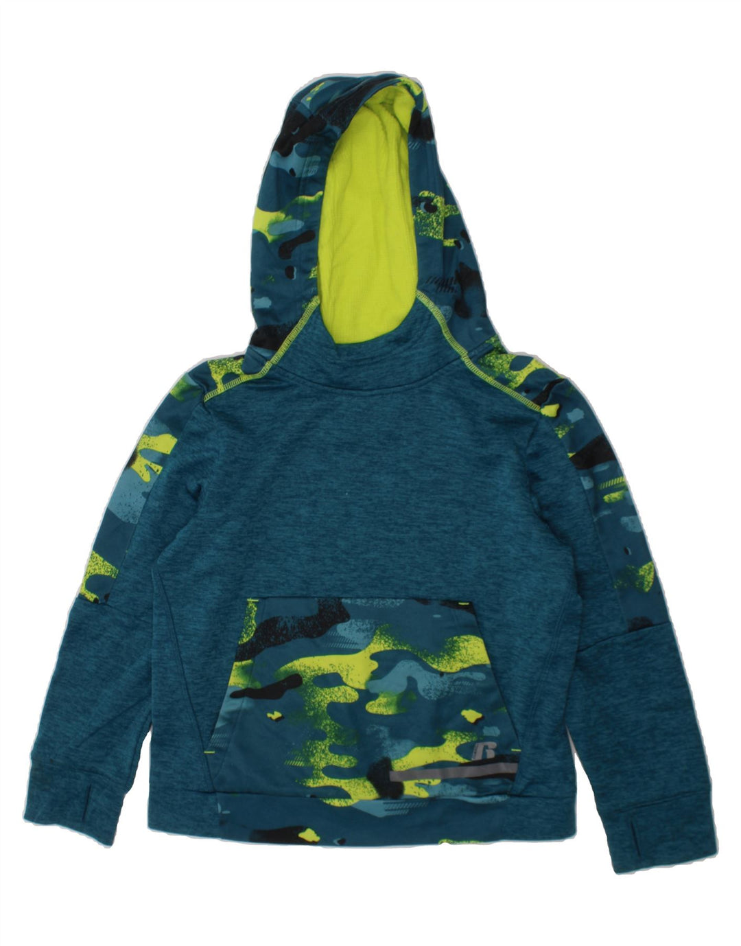RUSSELL ATHLETIC Boys Hoodie Jumper 7-8 Years Medium Blue Camouflage Vintage Russell Athletic and Second-Hand Russell Athletic from Messina Hembry 