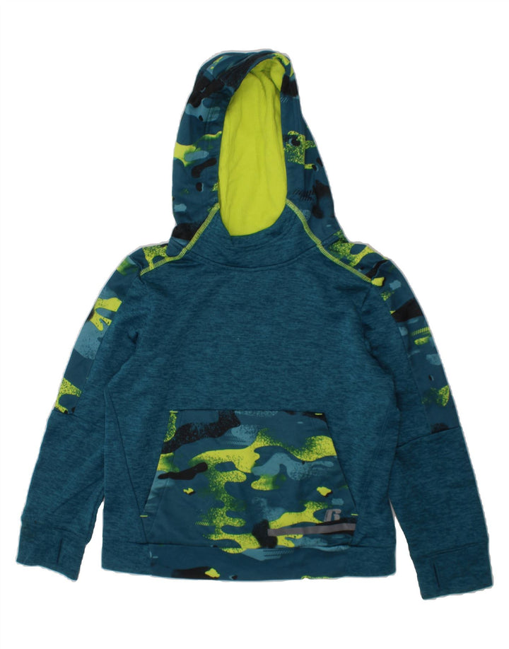RUSSELL ATHLETIC Boys Hoodie Jumper 7-8 Years Medium Blue Camouflage Vintage Russell Athletic and Second-Hand Russell Athletic from Messina Hembry 
