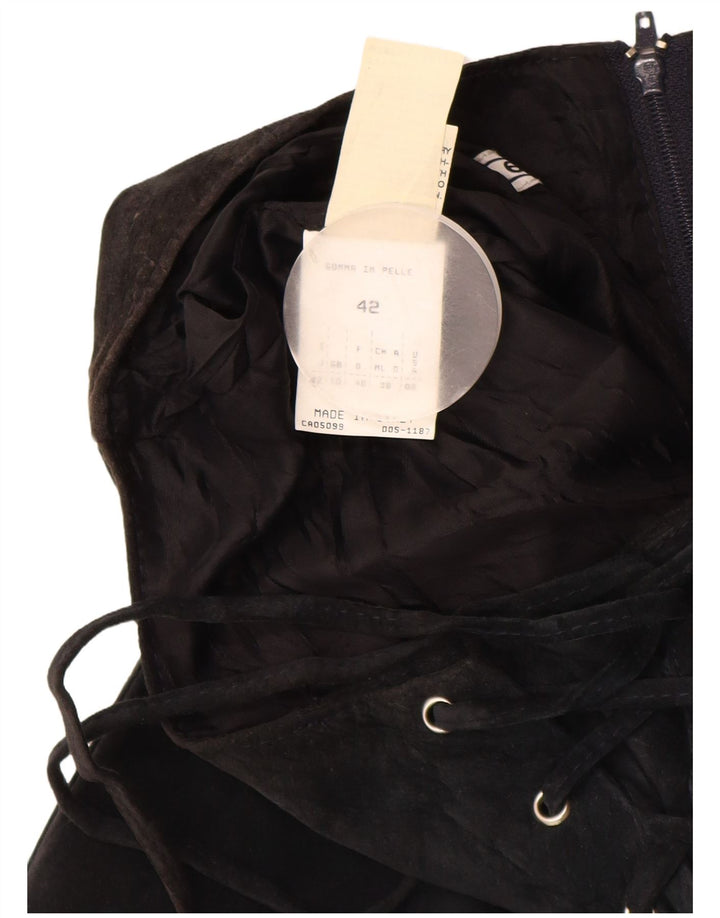 Gonna lunga da donna in pelle scamosciata VINTAGE UK 10 piccola W26 in pelle nera