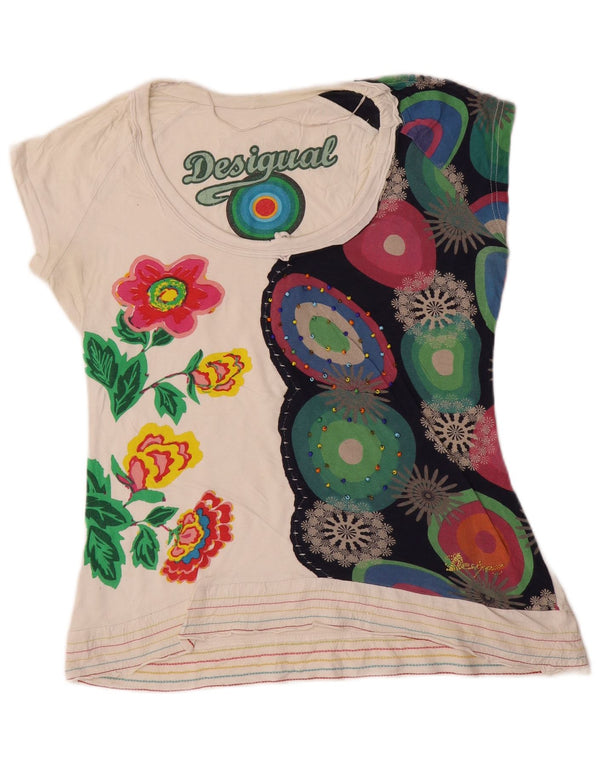 Desigual T-shirt grafica da donna Top UK 16 Large White Floral Cotton