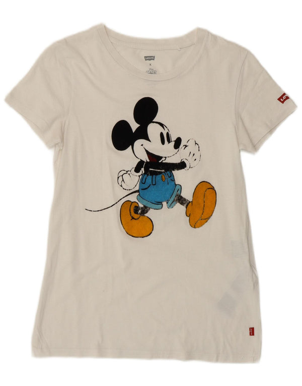 Levi's T-shirt grafica da donna con topolino UK 6 XS cotone bianco sporco