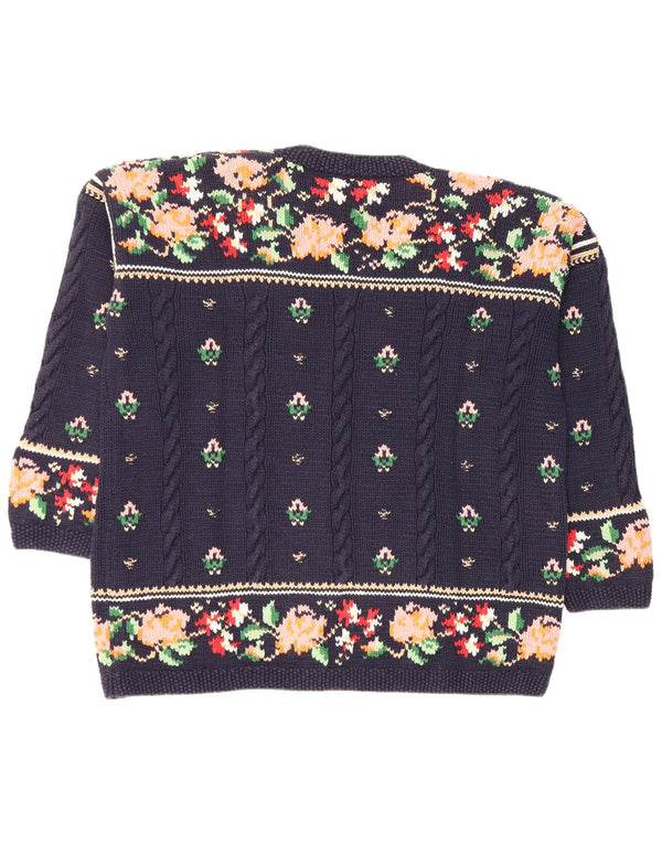 Maglione cardigan da donna vintage UK 18 XL cotone floreale blu navy