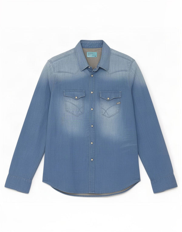 Camicia di jeans vintage da uomo grande in cotone blu