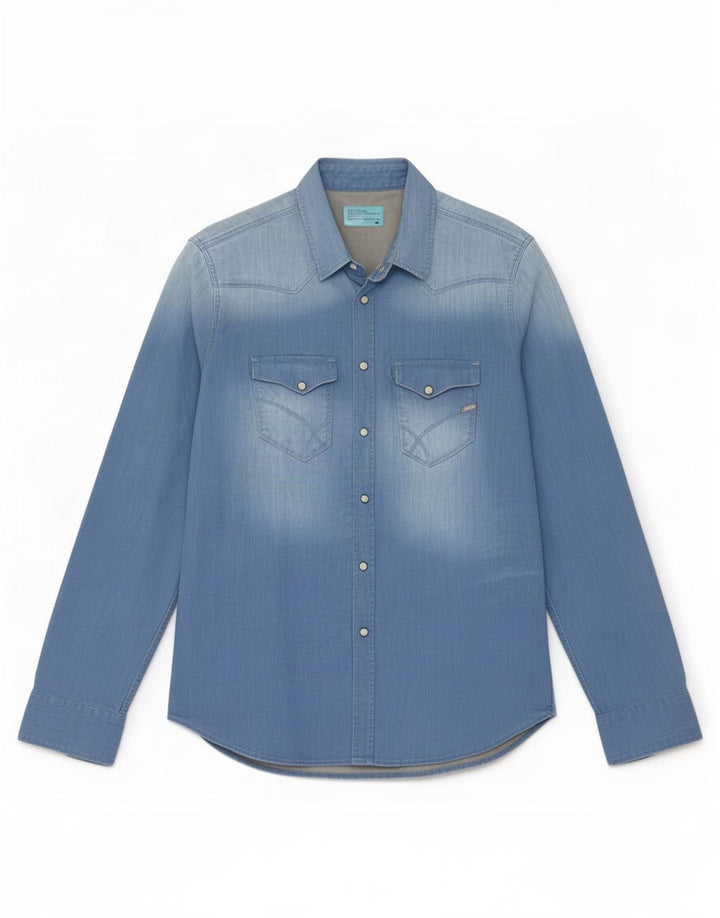 Camicia di jeans vintage da uomo grande in cotone blu