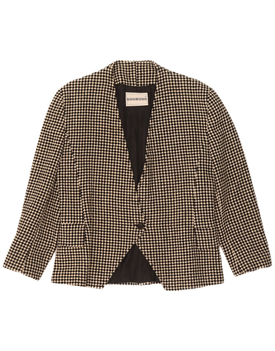 Giacca blazer vintage da donna a 1 bottone UK 14 lana pied de poule nera media