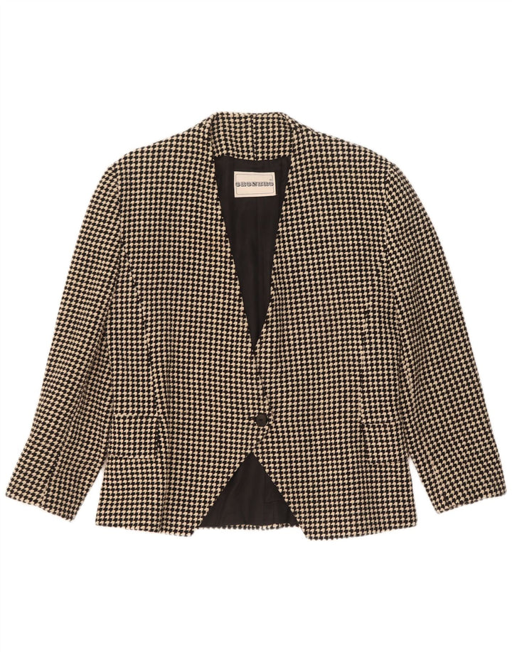 Giacca blazer vintage da donna a 1 bottone UK 14 lana pied de poule nera media