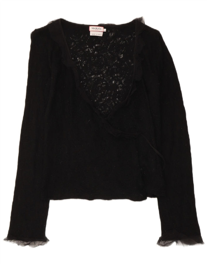 Max & Co. Maglione cardigan avvolgente da donna UK 14 grande lana vergine nera