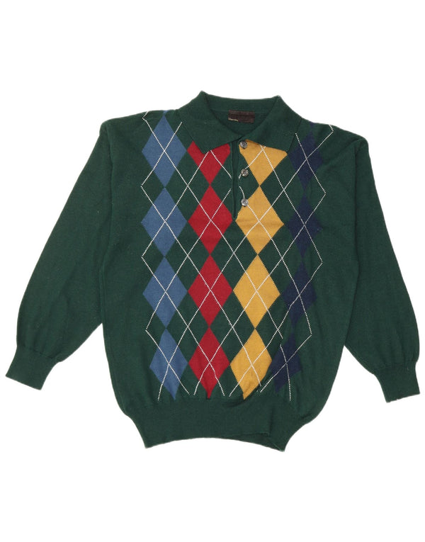 VINTAGE Mens Polo Neck Jumper Sweater Small Green Argyle/Diamond Wool