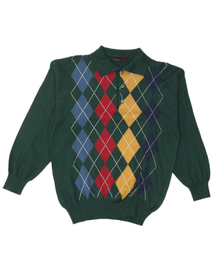 VINTAGE Maglione da uomo con collo alto piccolo verde a rombi/lana diamante