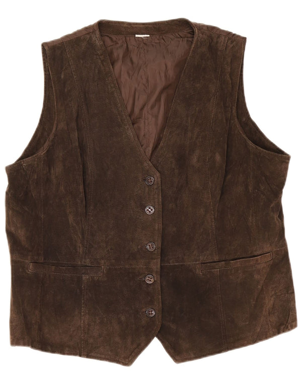Gilet vintage in pelle scamosciata da donna UK 18 XL in pelle marrone