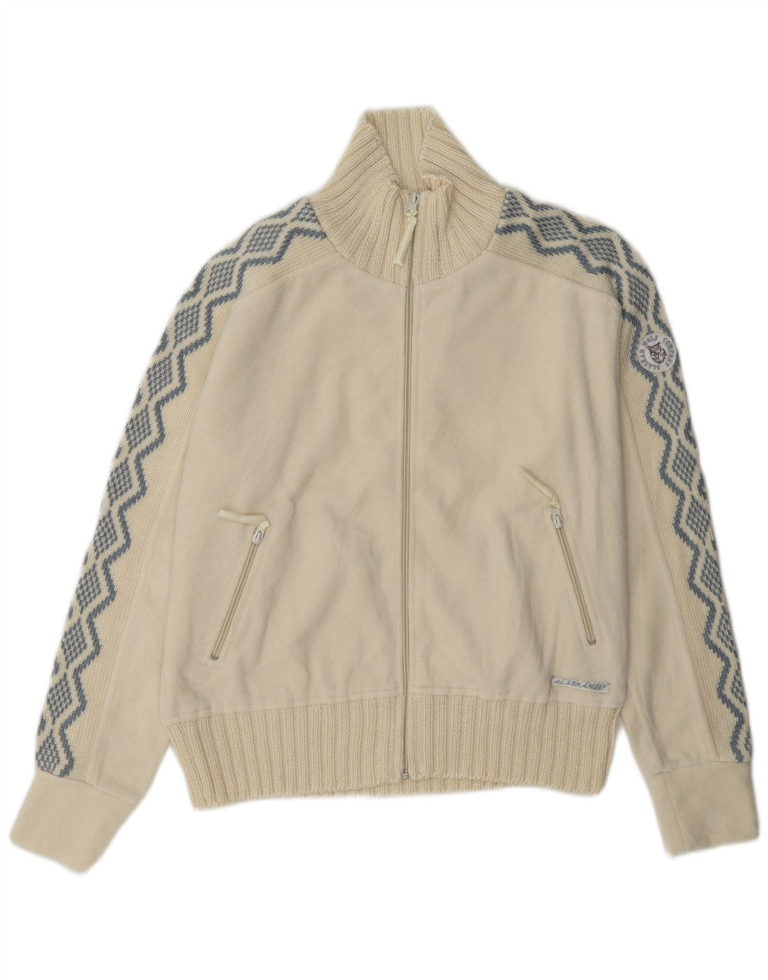 Giacca in pile da donna vintage UK 14 grande poliestere geometrico bianco sporco