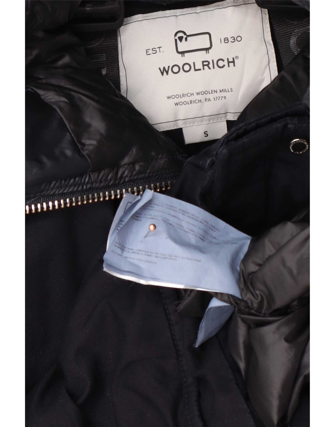 Giacca imbottita con cappuccio da donna Woolrich UK 10 piccola in cotone blu navy