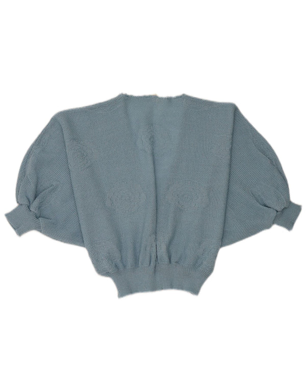 Maglione cardigan a maniche corte corto da donna vintage UK 8 piccolo floreale blu