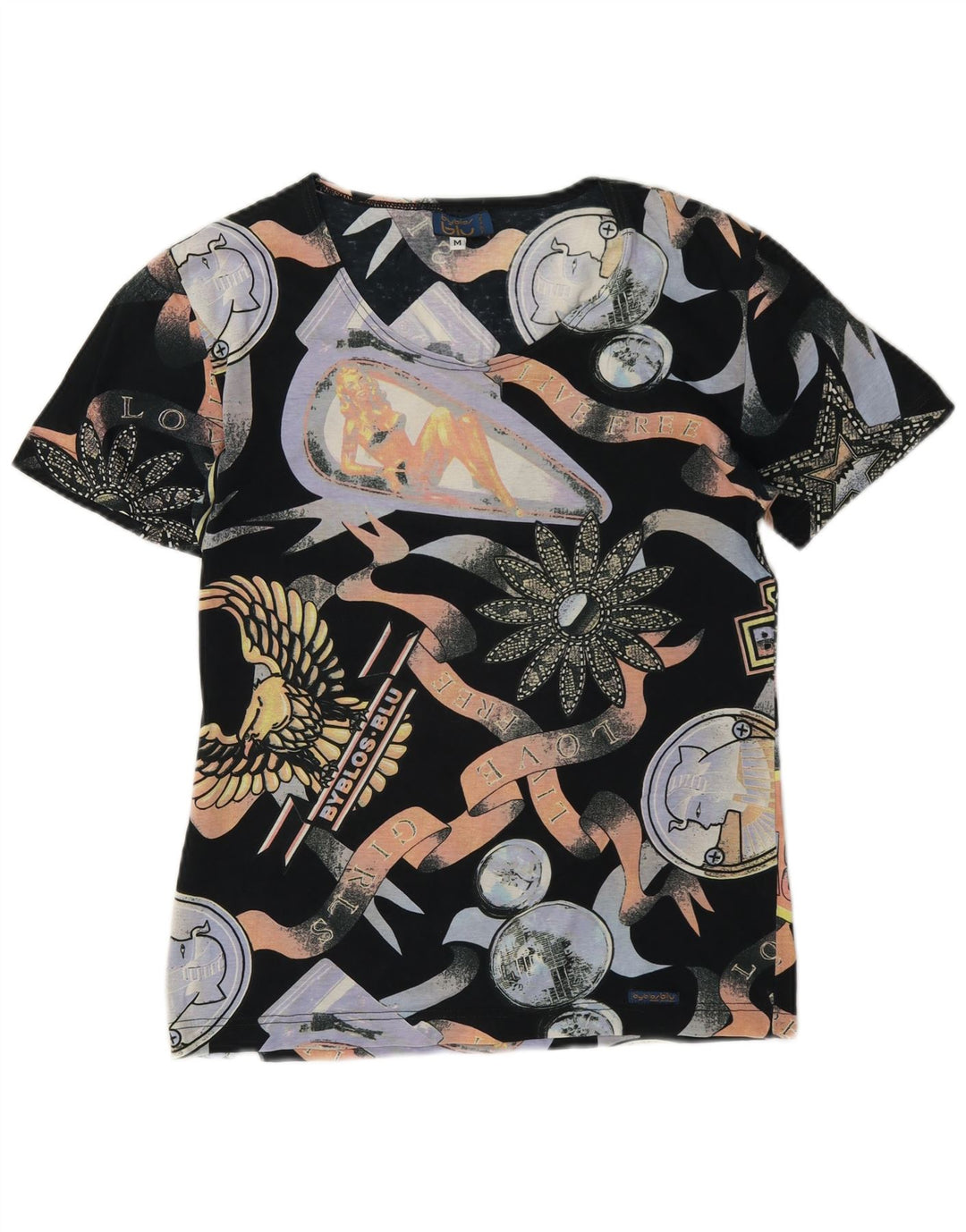 Byblos T-shirt grafica da donna Top UK 12 cotone multicolore medio