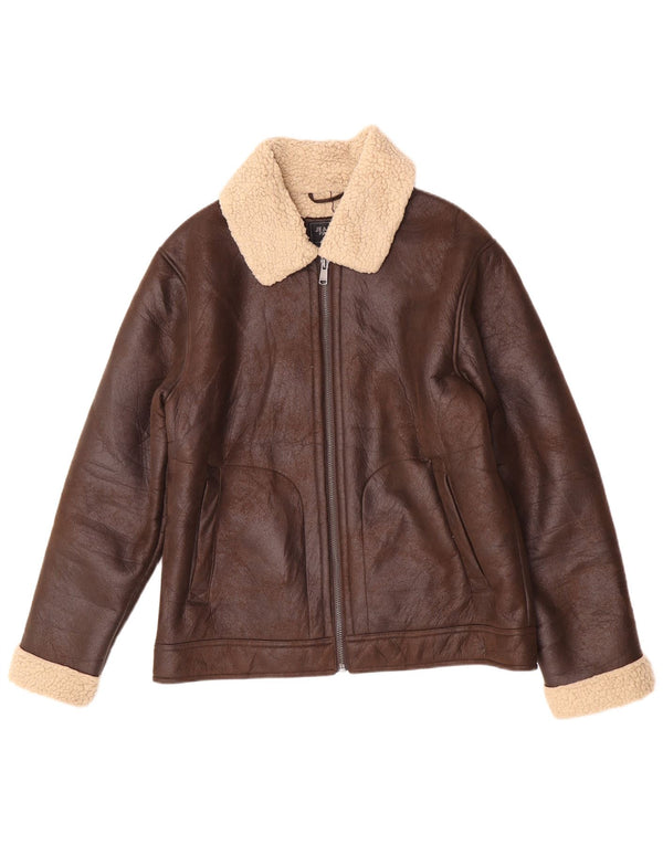 Giacca Sherpa da uomo in ecopelle Jean Pascale UK 42 XL Blocco colore marrone