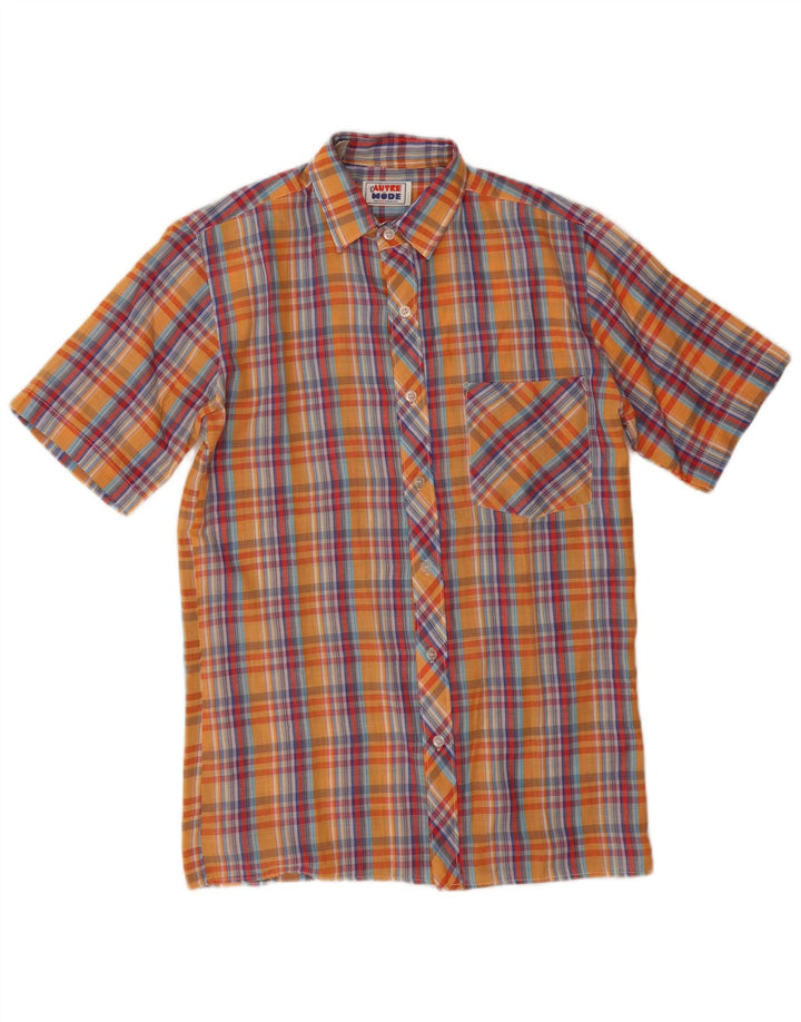 Camicia vintage da uomo a maniche corte in poliestere a quadri arancione piccolo