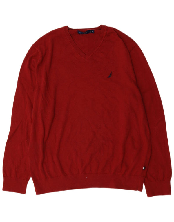 Nautica Mens V-Neck Jumper Sweater XL Burgundy Cotton