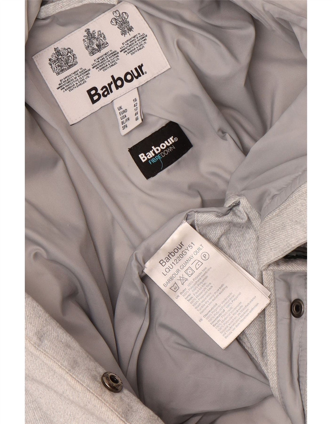 Cappotto imbottito con cappuccio da donna Barbour UK 16 grande poliestere grigio