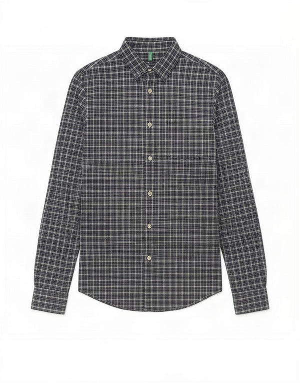 Camicia Benetton Uomo Piccolo Quadro Blu In Cotone