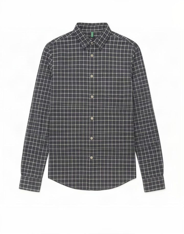 Camicia Benetton Uomo Piccolo Quadro Blu In Cotone