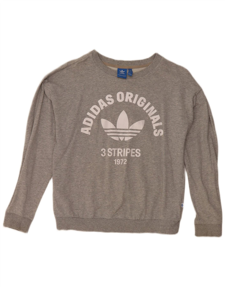 Felpa oversize con grafica Adidas da donna, maglione UK 8, piccolo cotone grigio