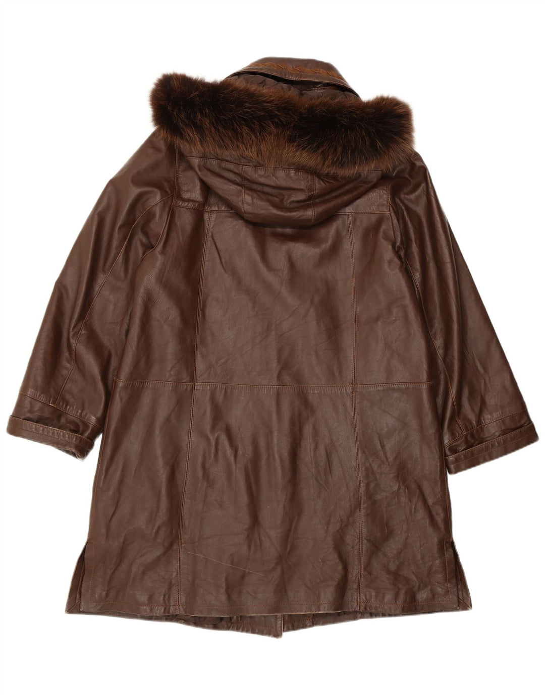 Cappotto in pelle vestibilità ampia con cappuccio da donna vintage IT 44 Pelle marrone medio