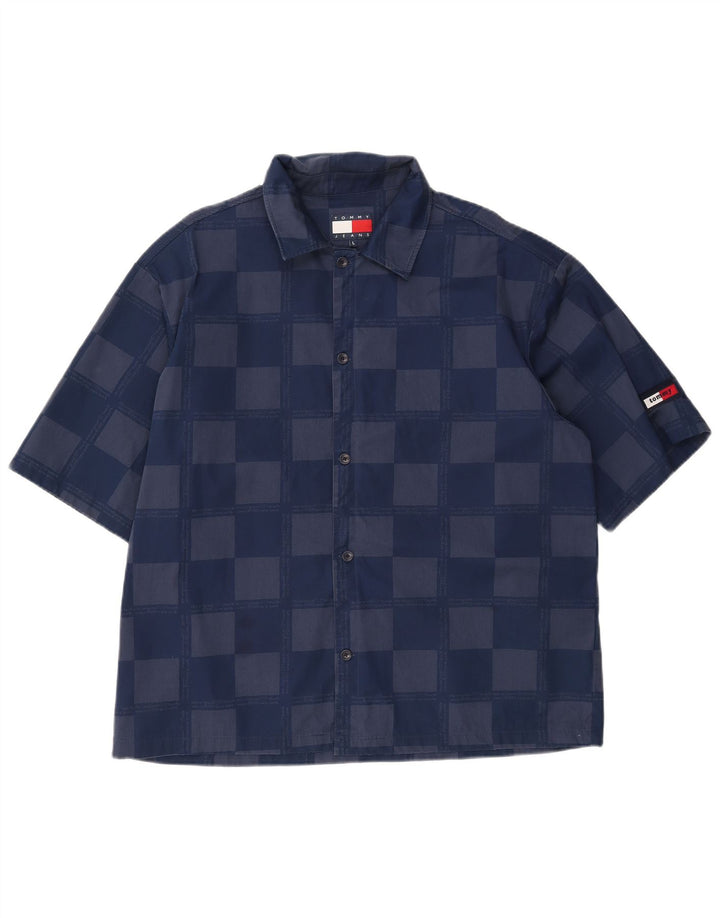 TOMMY HILFIGER Camicia a maniche corte da uomo Large in viscosa geometrica blu navy