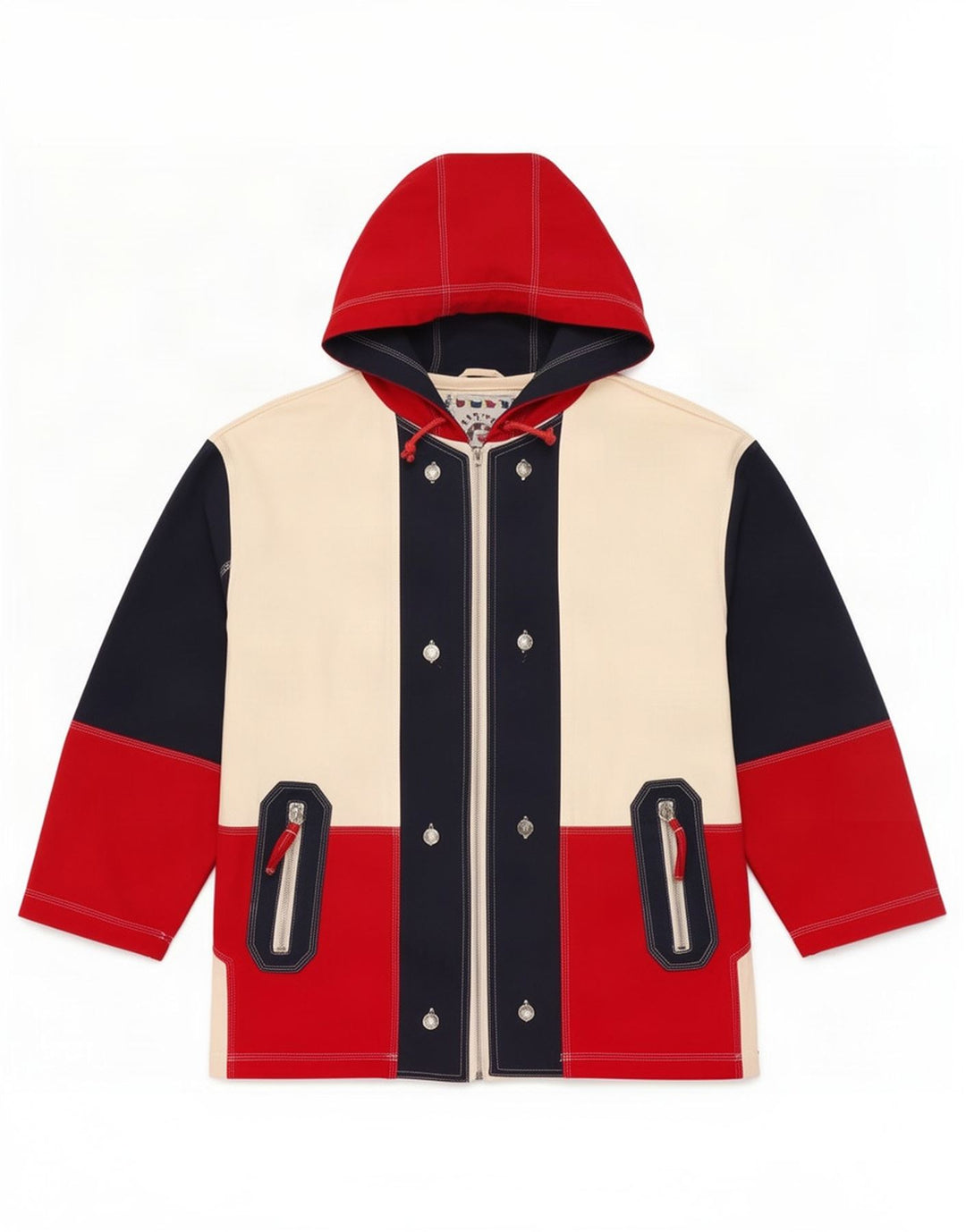 Giacca da uomo con cappuccio East West in cotone color block rosso medio
