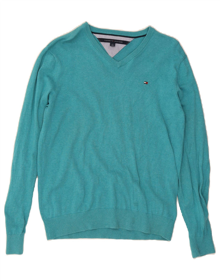 TOMMY HILFIGER Mens V-Neck Jumper Sweater Medium Blue Cotton Vintage Tommy Hilfiger and Second-Hand Tommy Hilfiger from Messina Hembry 